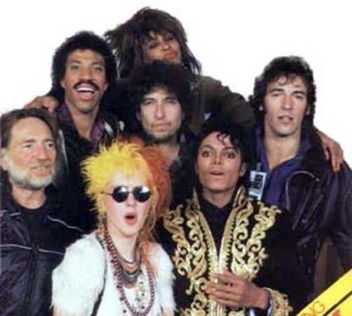 A photo of Michael Jackson with Bruce Springsteen, Lionel Ritchie, Cindy Lauper, Tina Turner and a few others for We Are The World