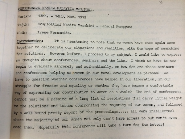 Excerpt from Irene Fernandez's speech in 1979. Photo from CILISOS 