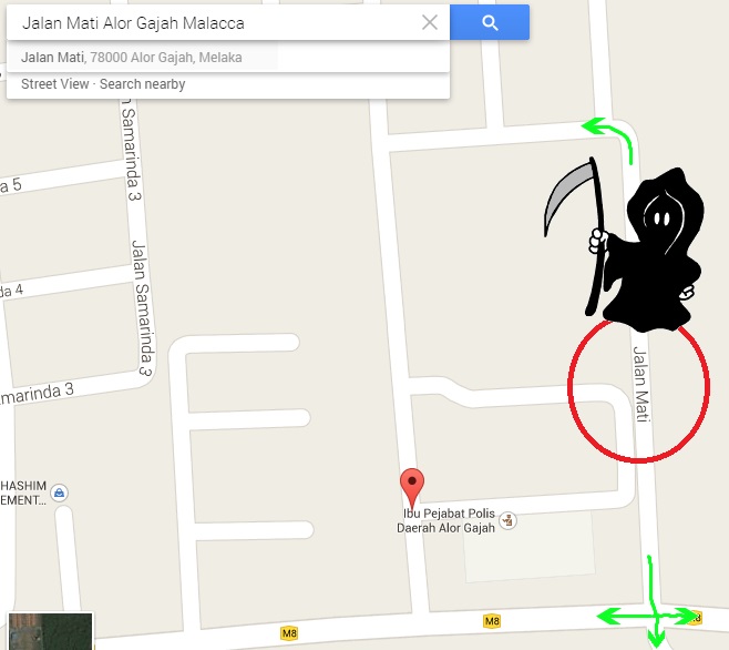 Jalan Mati, Melaka. Screen cap from Google Maps.