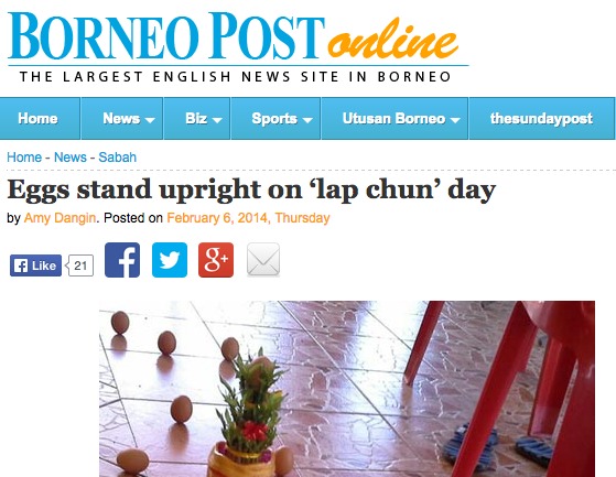 Eggs stand upright on ‘lap chun’ day – BorneoPost Online   Borneo   Malaysia  Sarawak Daily News   Largest English Daily In Borneo