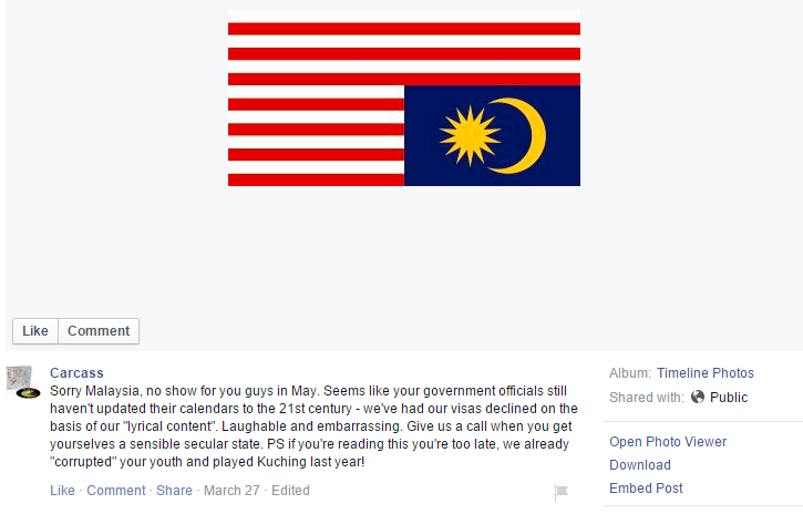 Carcass Facebook picture malaysia flag upside down