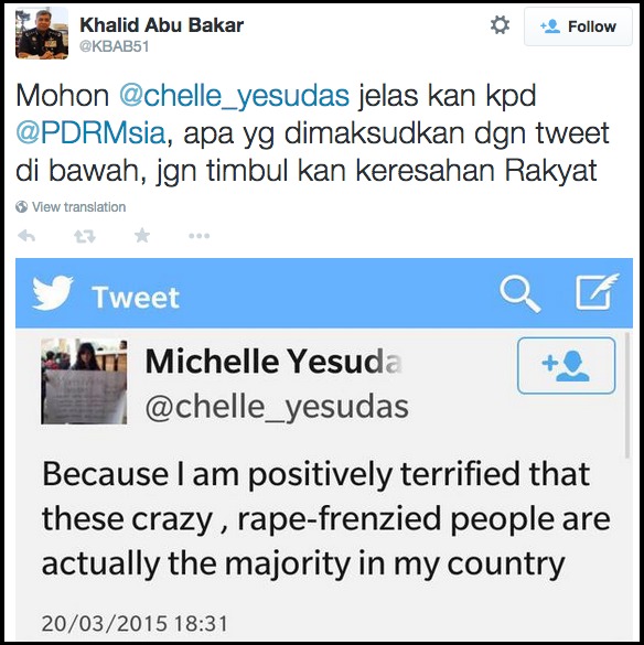 Khalid Abu Bakar on Twitter   Mohon  chelle_yesudas jelas kan kpd  PDRMsia  apa yg dimaksudkan dgn tweet di bawah  jgn timbul kan keresahan Rakyat http   t.co pKOCCFzdlD