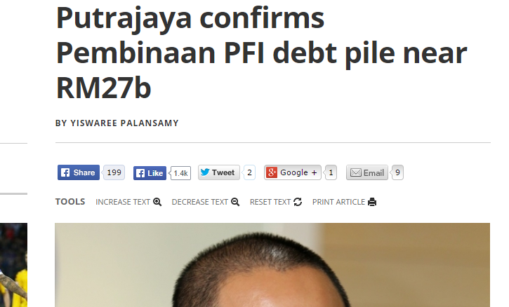 Pembinaan PFI headline. Screen shot from The Malay Mail Online.