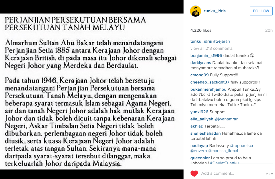 Johor agreed to join the Federation of Malaya on 3 conditions. Screen cap from Tunku Idris' Instagram