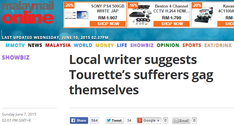 Local writer suggests Tourette’s sufferers gag themselves   Showbiz   Malay Mail Online