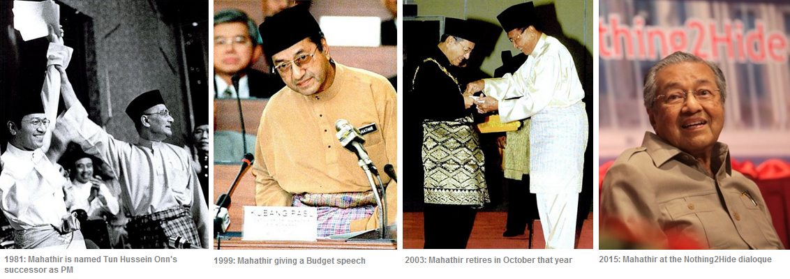 mahathir throughout the years. Images 1, 2 and 3 (from left) from a book. Image on the right from The Malay Mail Online