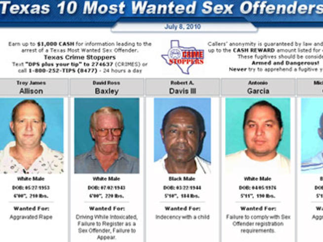 Taken from http://www.nbcdfw.com/news/local/Texas-Targets-Top-10-Sex-Offenders-98029029.html