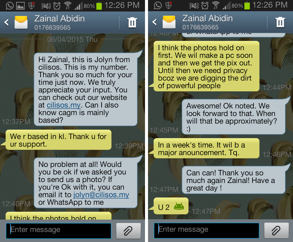 Screenshot sms message Zainal Abidin CAGM