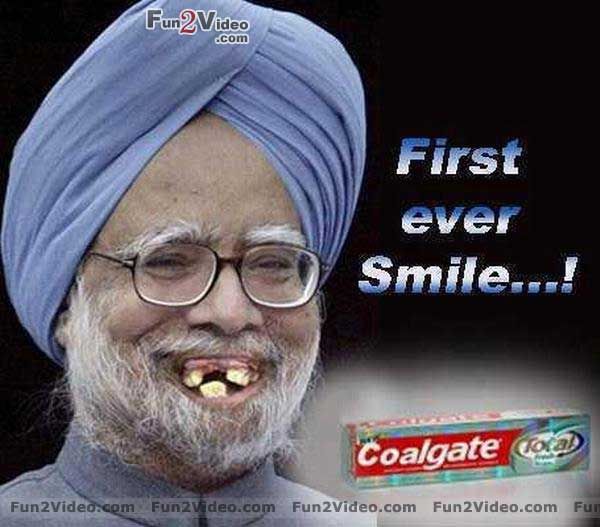 Ex Prime Minister Manmohan Singh with his favourite brand of toothpaste, 'Coalgate' ;) Image from memecenter.com