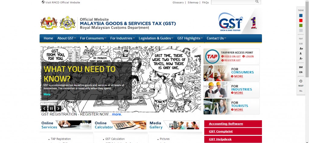 The official website for the Malaysia Goods and Services Tax (GST). Screencapped from gst.customs.gov.my