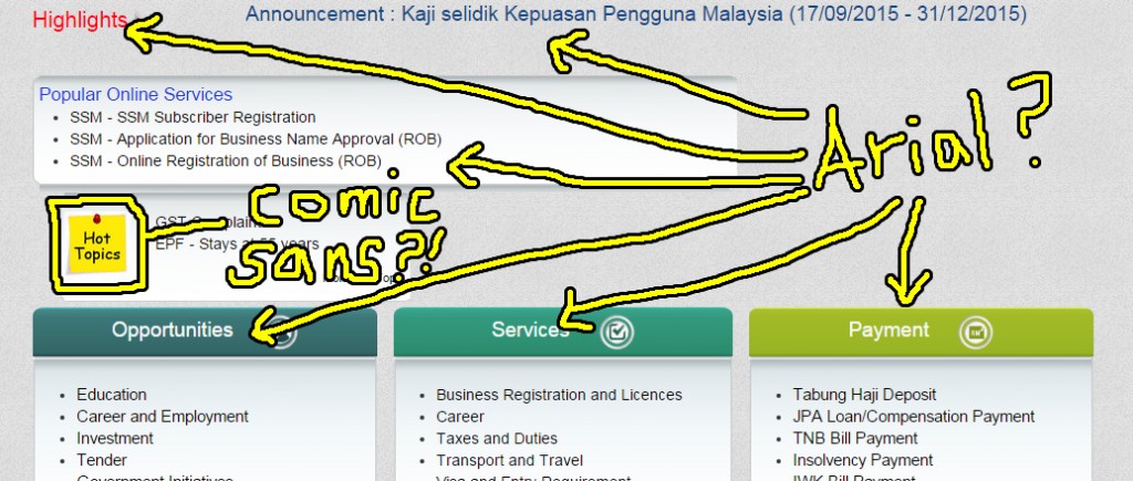 Are... are those... Arial? And is that frikkin' Comic Sans on the Post-It note?! Screencap from malaysia.gov.my