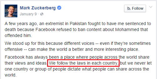 Mark Zuckerberg facebook post free speech country laws