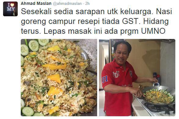 Translation: “Once in a while I prepare a meal for the family. Mixed fried rice with a GST-free recipe. Served as it is. After cooking I have an Umno programme.”
