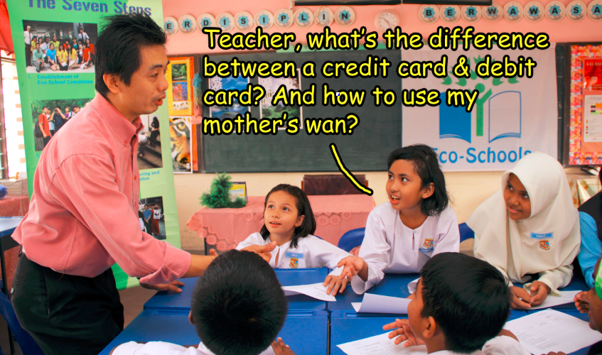 school girl ask teacher credit debit card. Image from WWF