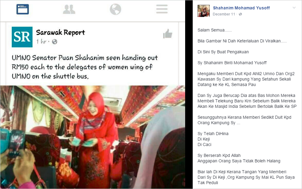 umno senator shahanim cash handout general assembly bus. Screenshot from her FB