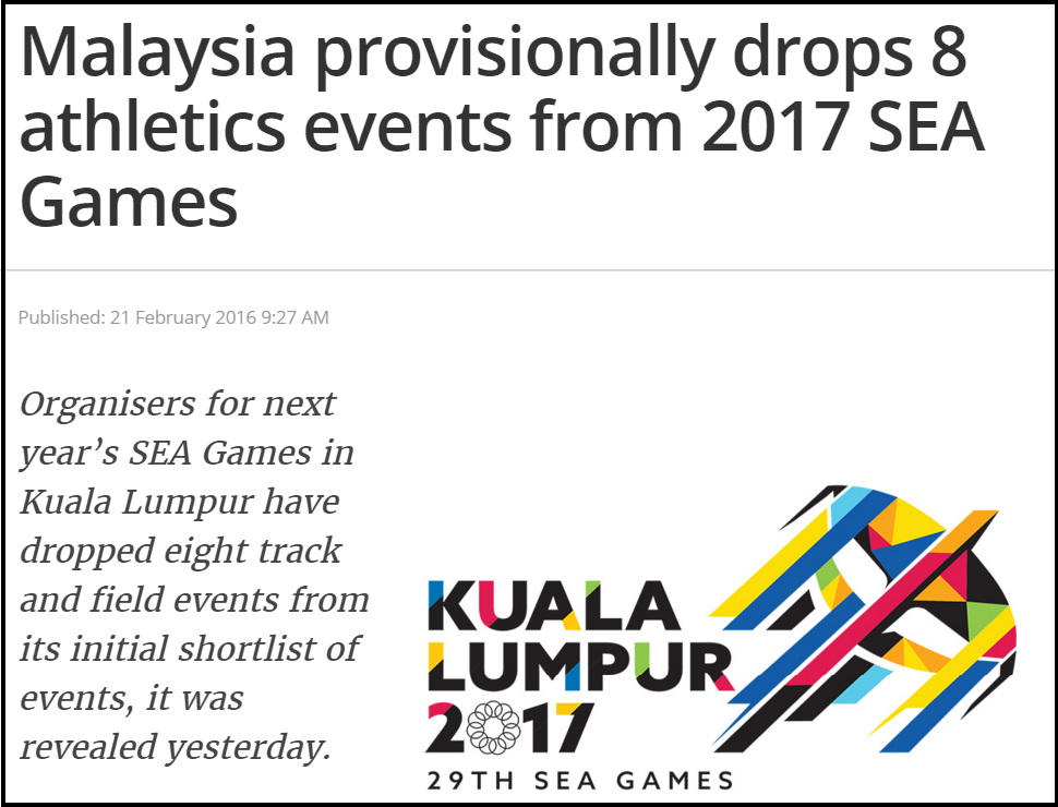 Malaysia provisionally drops 8 athletics events from 2017 SEA Games The Malaysian Insider