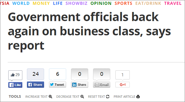 Screenshot from The Malay Mail government back fly business class