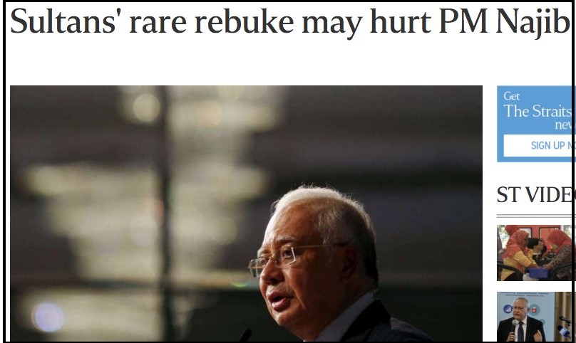 Sultans rare rebuke may hurt PM Najib SE Asia News Top Stories The Straits Times