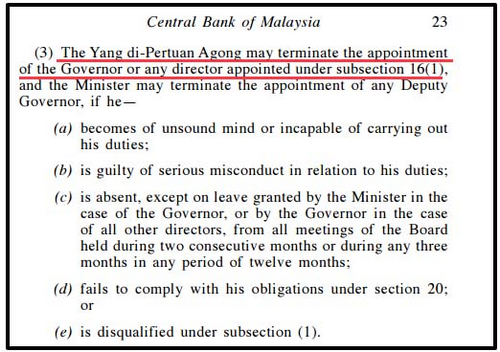 Dan PM hanya boleh membuang pelantikan Timbalan Gabenor sahaja. Screencap daripada bnm.gov.my, page 23.