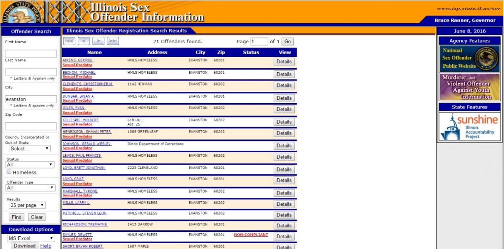 Screencap from the sex offender registry for the state of Illinois, USA. Keying in a specific city will bring up the entire list of sexual offenders in the area, where they live (or if they're homeless), and even a picture. You can also search the database by name. The US has one of these registries for every city and state.