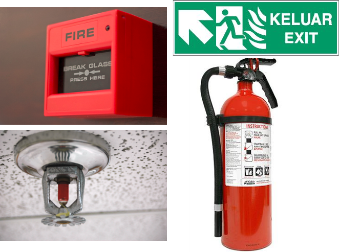 fire safety features extinguisher sprinklers keluar