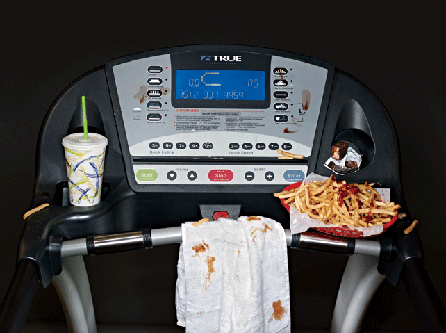 junk food treadmill fries chips soda soft drink marathon. Image from menshealth.com.