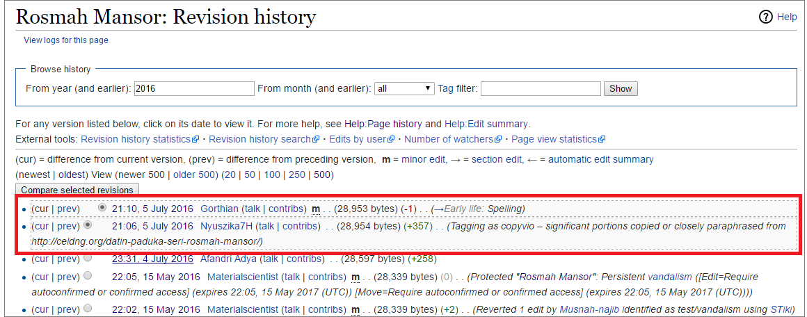 rosmah mansor wikipedia page revisions history latest newest. Screenshot from Wikipedia