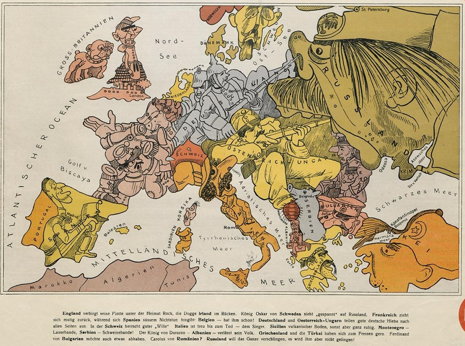 A German cartoon from 1914 shows the political situation of Europe at the outbreak of World War One. Image via publicdomainreview.org