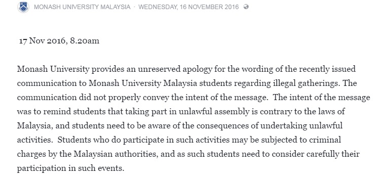 But... eventually they apologized. Image taken from Monash University Malaysia Facebook page.
