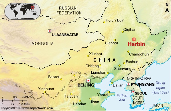 Located at the "rooster's head" part of China, Harbin's temperature can drop as low as -38 Degrees Celsius. Brrrhhh! Image via Maps of World