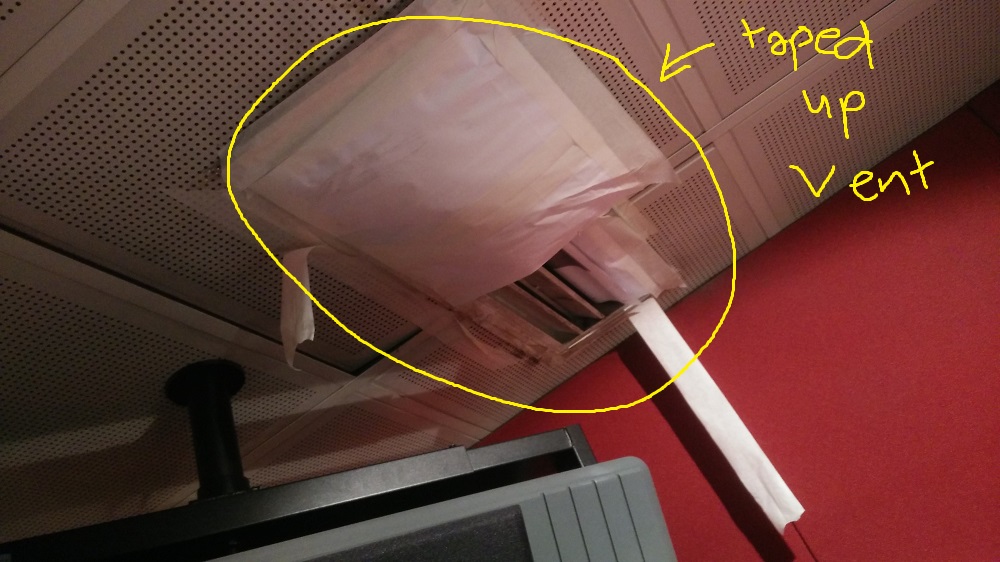 We saw this taped up vent at another office we visited, but sadly couldn't get clearance to publish the temperature