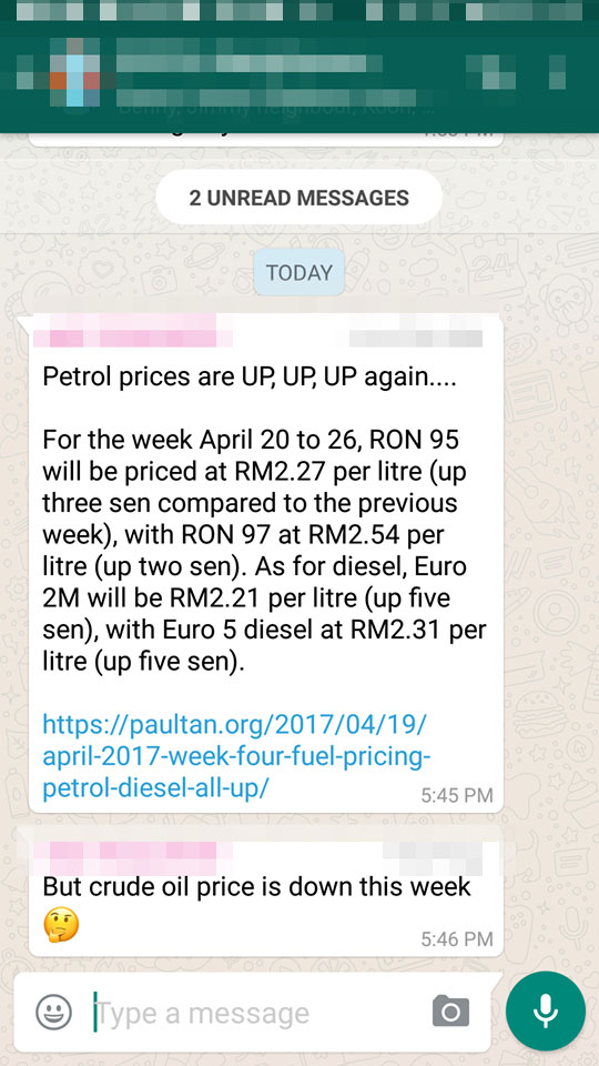 whatsapp petrol price