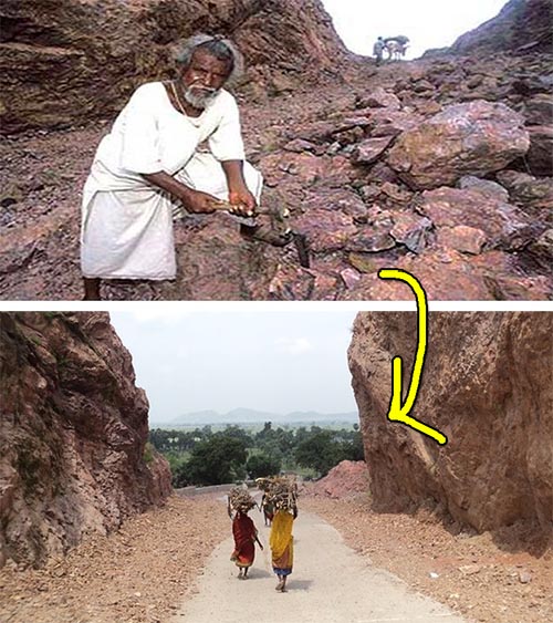 Reminds us of the story of Dashrath Manjhi, an Indian man who chiselled a small mountain so people didn't need to travel 70km to get around it. Before that, his wife had died because she couldn't get medical care on time. 