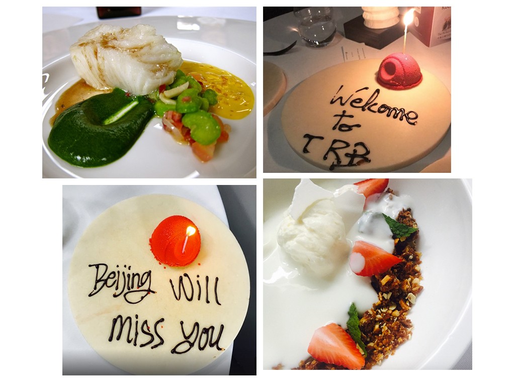 (top left) Olive Oil Poached Black Cod, (top right) strawberry dome welcome cake, (bottom left) cute message from staff, (bottom right) yummy desserts to complete your meal. Photos from Tripadvisor and lumdimsum.com