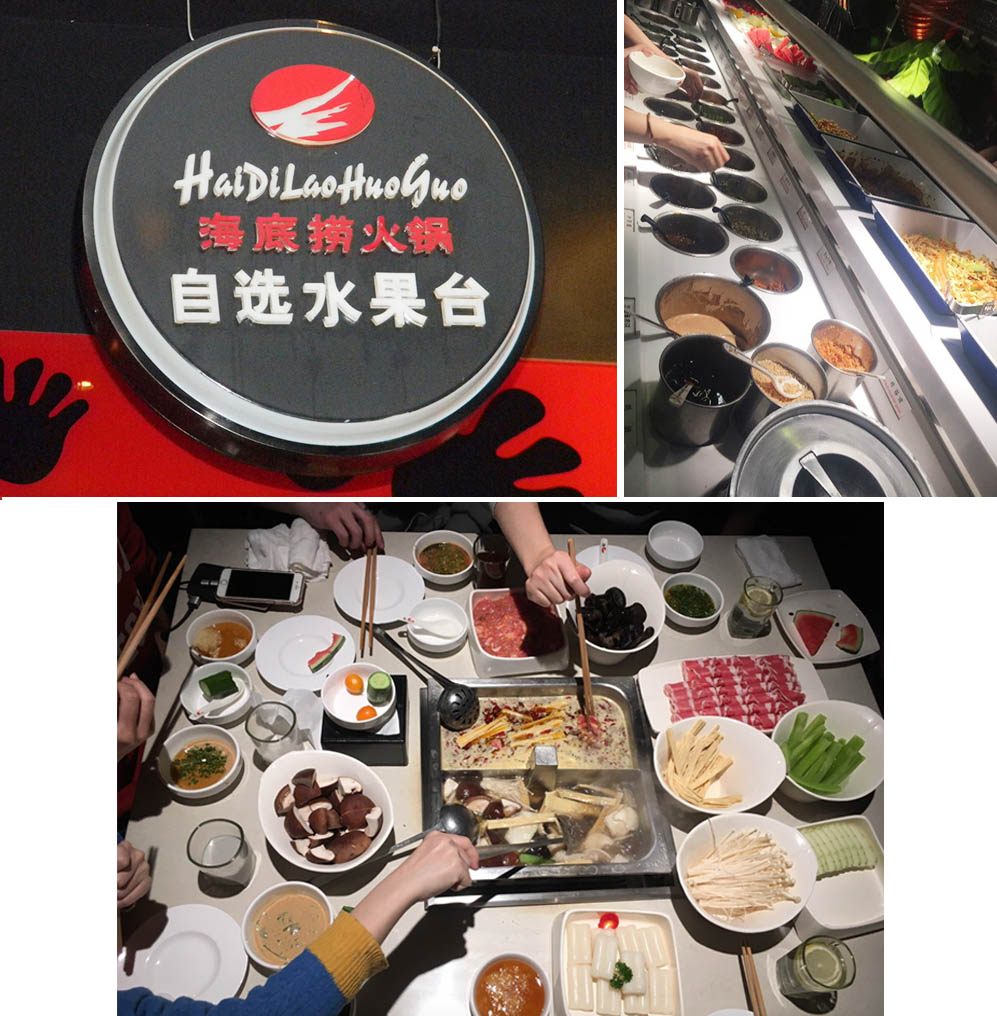 Look for this logo! (top left), condiments you can choose from (top right), hotpot meal being shared (bottom). Photos from TripAdvisor