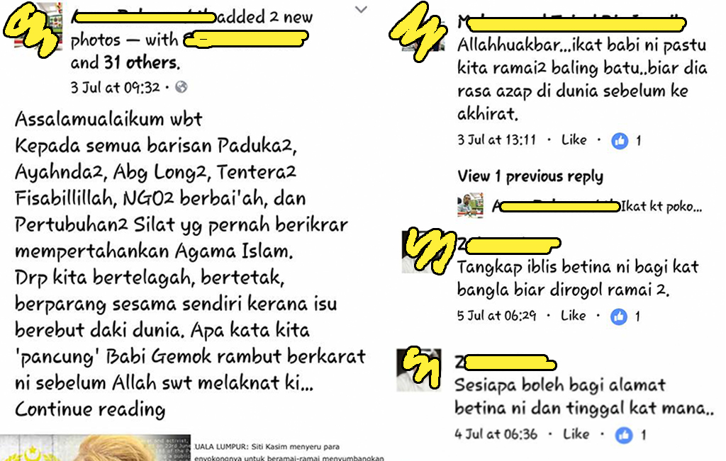 A collage of hateful comments targeted towards social activitst Siti Kasim. Original photos from her fb post.