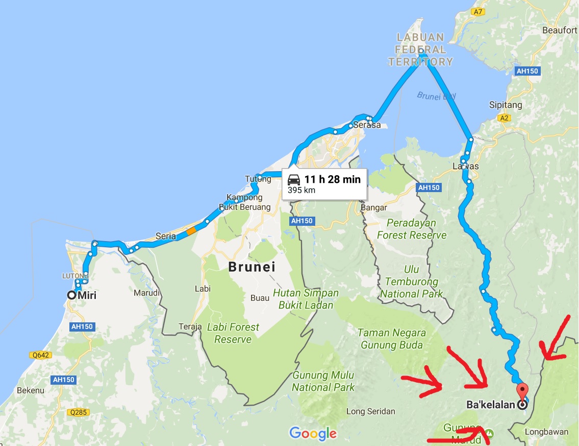 You have to cross Brunei and take two ferries to drive there from Miri, according to Google Maps.