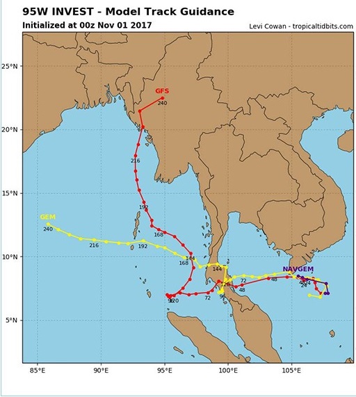 The colored lines represent the different predictions of Invest 95W's path by Navgem, GFS and GEM. Img from MalaysiaKini.