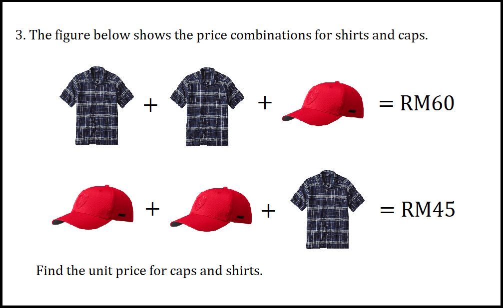 Hint: Simultaneous equations. Answer: Hats = RM10, Shirts = RM25.