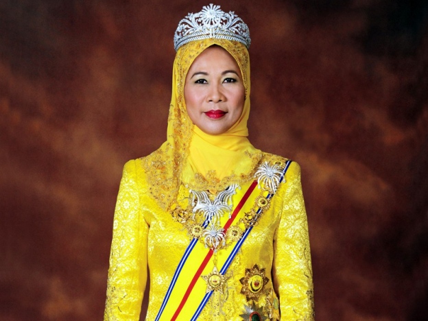 Raja Permaisuri Agong Tuanku Hajah Haminah, wearing the full set of the D.M.N. - the sash, necklace and the big star on the left. Img from Sinar Harian.