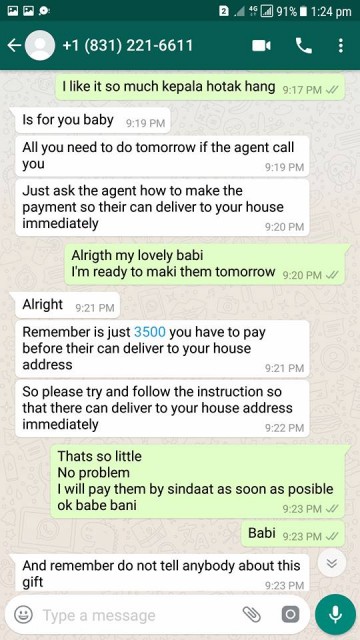 He used an 'agent' to send her his gifts and she needed to pay for the delivery. Img from Facebook.