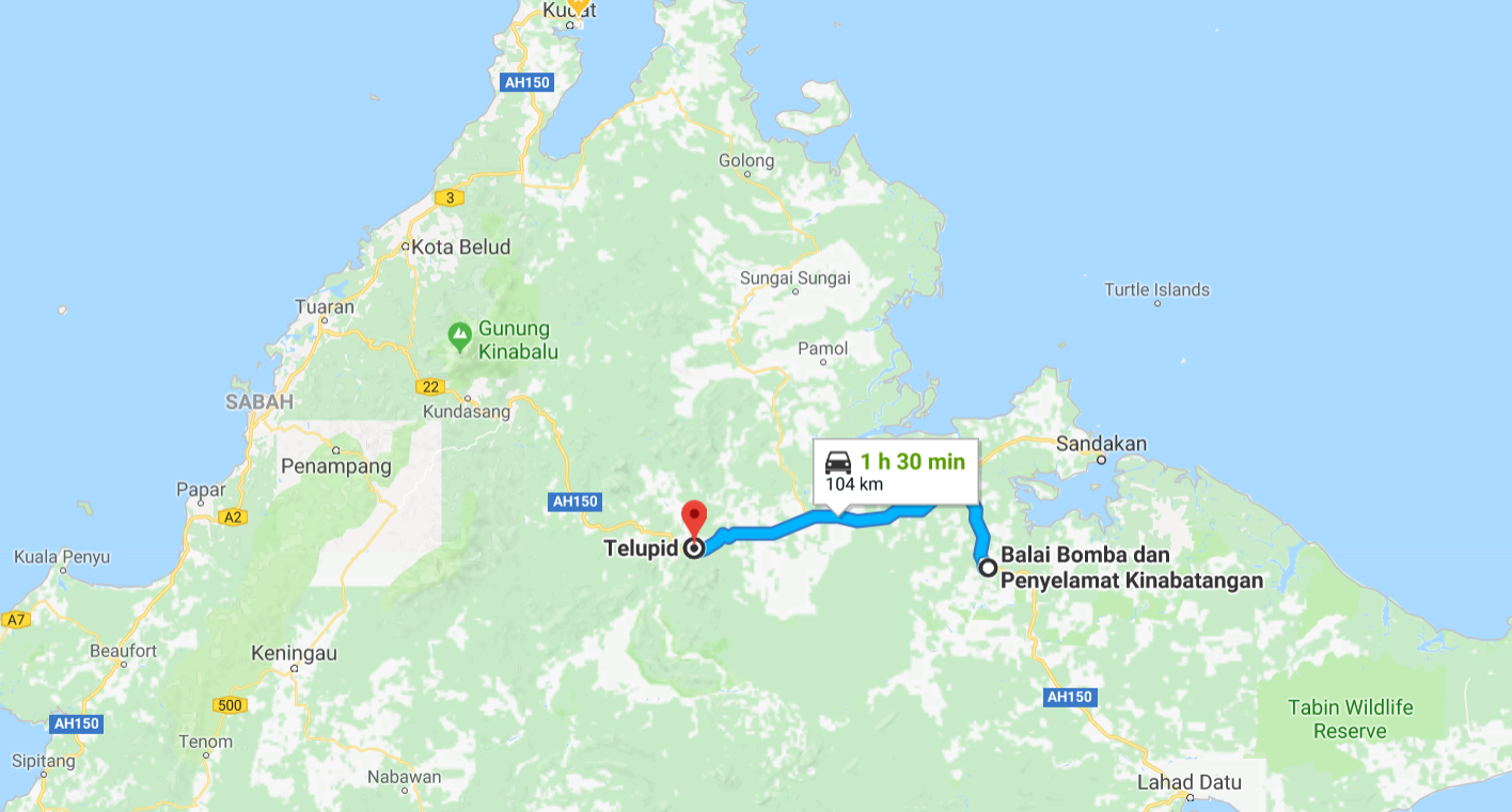Well, Kampung Barayong Terodon wasn't on the map, so this representation is only 104 kms. Img from Google Maps.