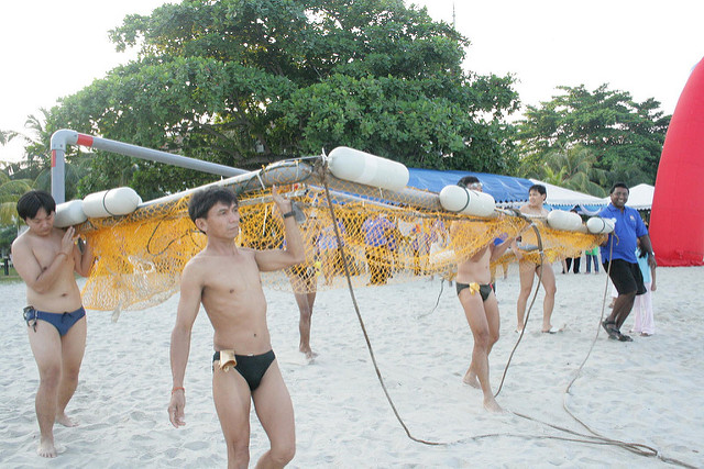 Swimmers carrying the safety cage to sea. Img from Stephen Nah's Flickr.