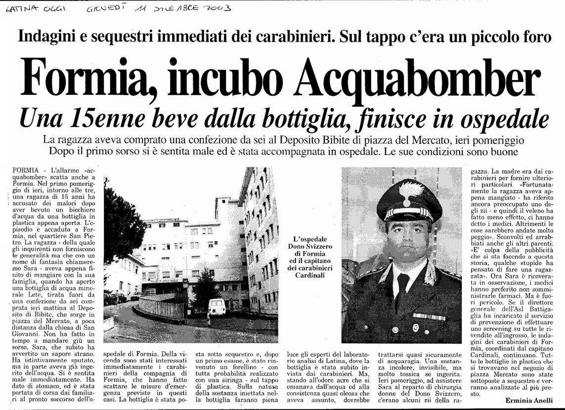 Newspaper clipping of the Acquabomber incident. Img from Ordine Medici Latina.