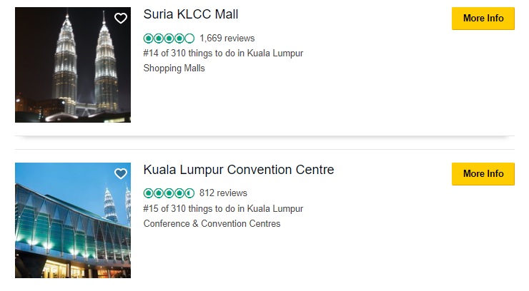 KLCC is No1 destination on Tripadvisor KL. And number 2 and 12, and 13, and 14, and 15. 