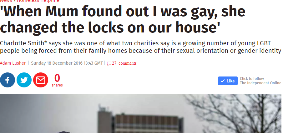 Real headlines and stories of LGBT youths getting kicked out after coming out. Screenshot of The Independent