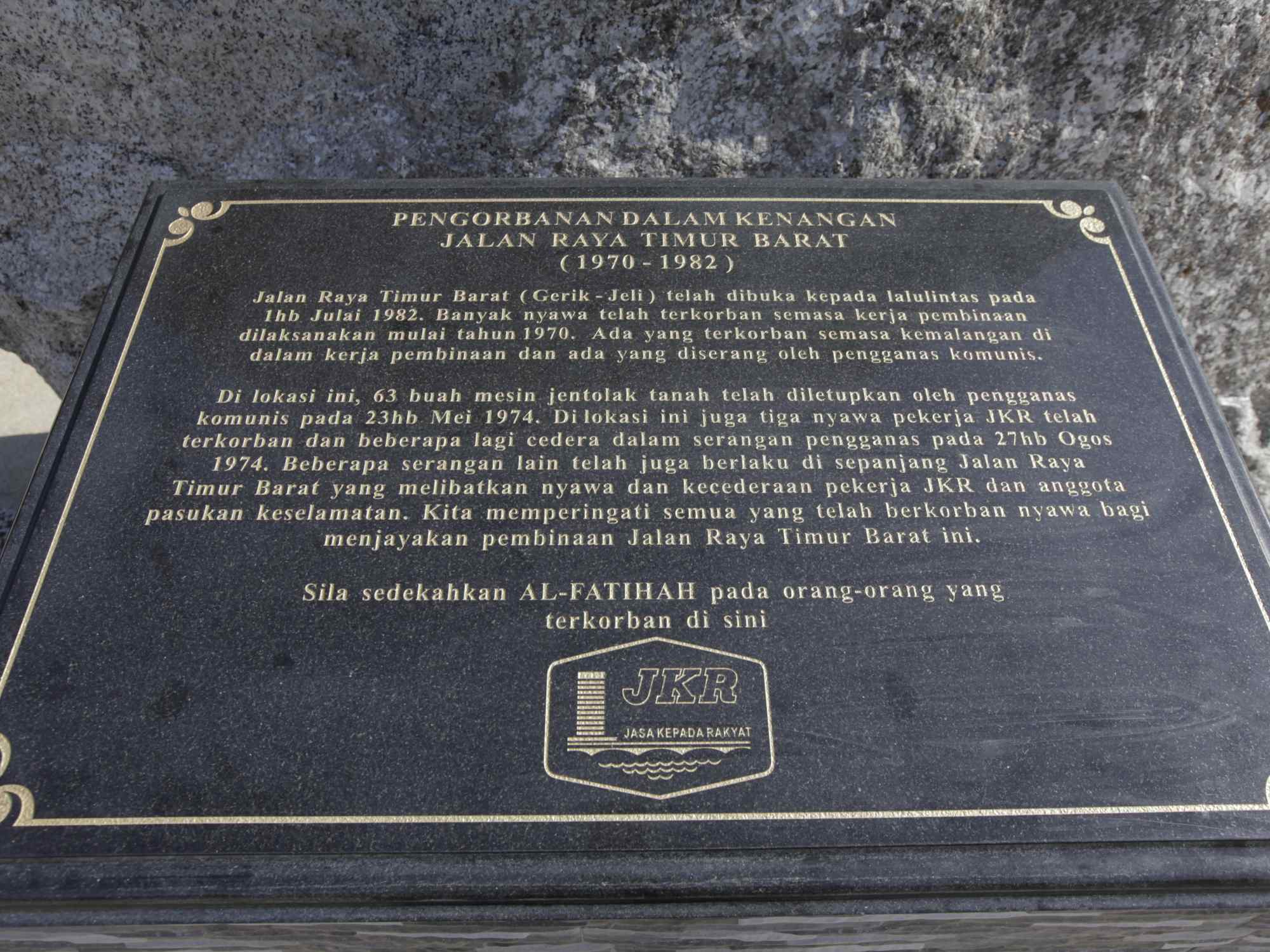 A close up of the text on the JKR monument. Img from the Ministry of Road Works' website.