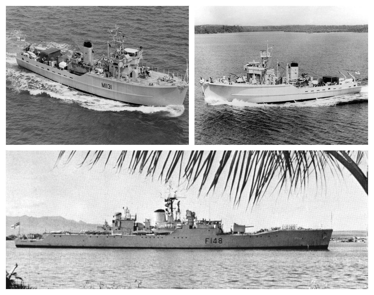 HMNZS Hickleton (top left), HMNZS Santon (top right) and HMNZS Taranaki (bottom). Images from Gerry Wright and Wikipedia