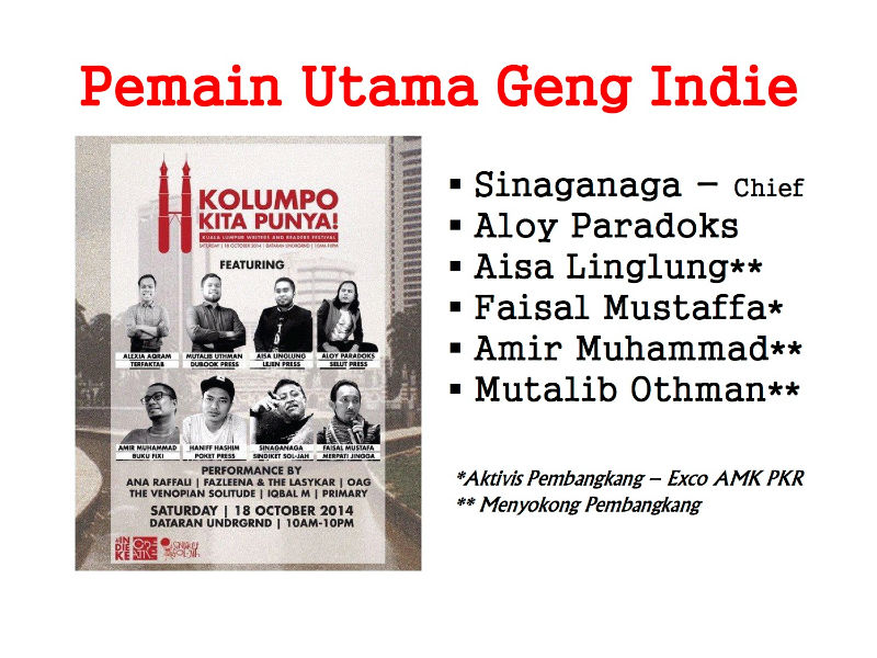 A leaked BTN slide showing a list of indie book publishers and their supposed political alignments. Image from Malay Mail
