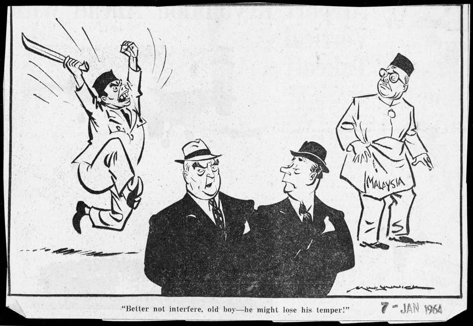 A cartoon showing Robert Menzies, Australia's Prime Minister advising Holyoake not to interfere with the confrontation. Image from NZ History